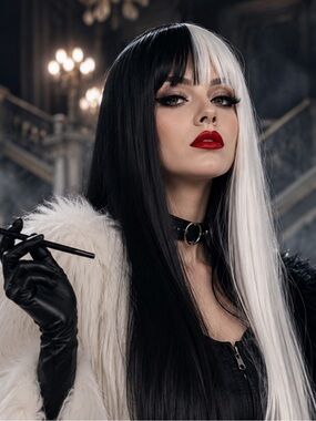 Black & White Split Color 24” Long Synthetic Wig with Bangs  Cosplay Wig